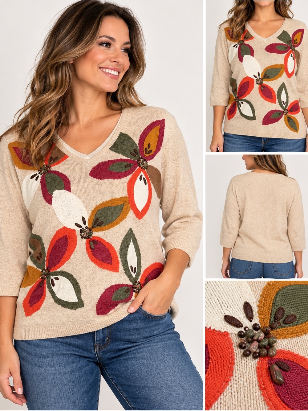 Alfred Dunner Large Floral Appliqué Beaded V-Neck Sweater Ramie Cotton